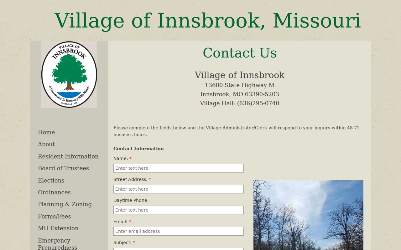 Innsbrook Village Hall contact page