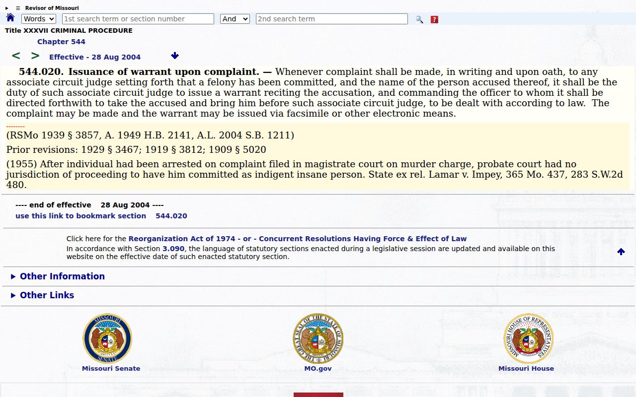 Missouri warrant complaint statute